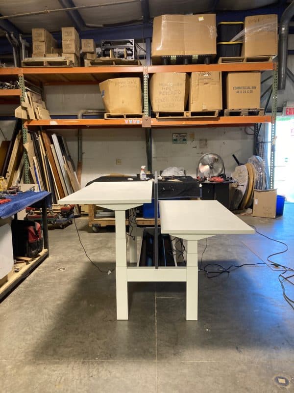white sit stand trading desk