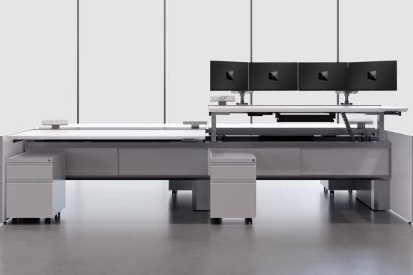 LaCour White adjustable trading desk with quad monitors and rolling pedestals.